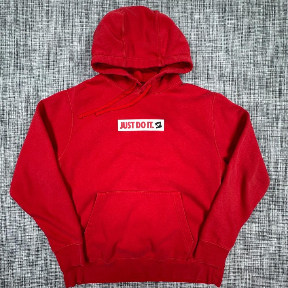 Nike Mens Large Red Just Do It Logo Fleece Hoodie Cotton Blend Pullover Pocket